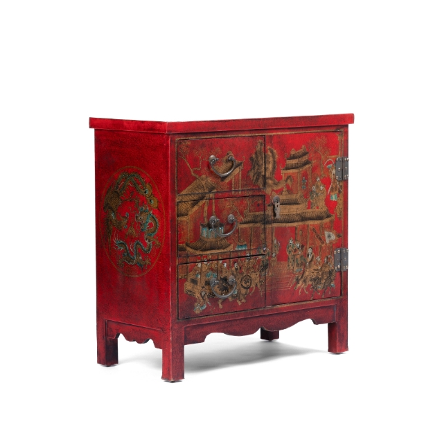 Picture of  Lacquered Red Cabinet with Hand-Painted Scenic Motifs and Calligraphy Interior