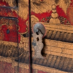 Picture of  Lacquered Red Cabinet with Hand-Painted Scenic Motifs and Calligraphy Interior