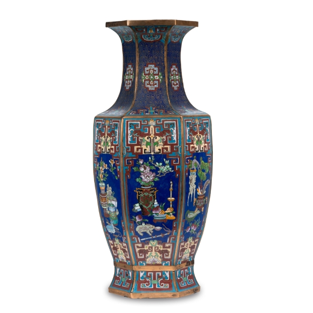 Picture of Hexagonal Cloisonné Vase with Floral and Geometric Motifs