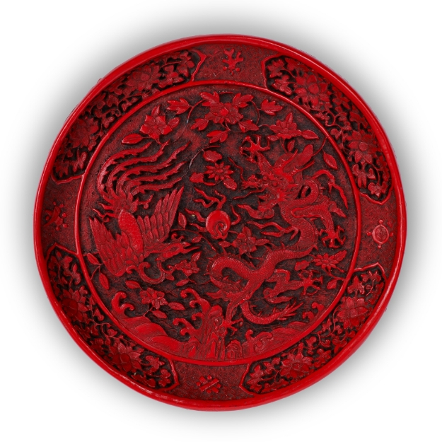 Picture of Cinnabar Lacquer Plate with Dragon and Phoenix Motif