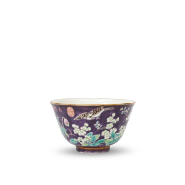 Picture of Purple Ground Famille Rose Bowl with Floral and Bird Design